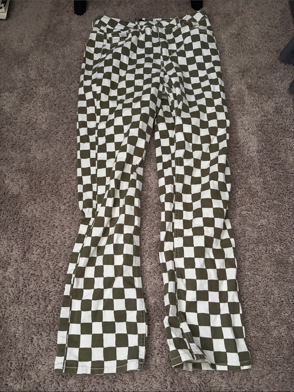 Forever 21 Olive Green & White Checkered Flare Jeans